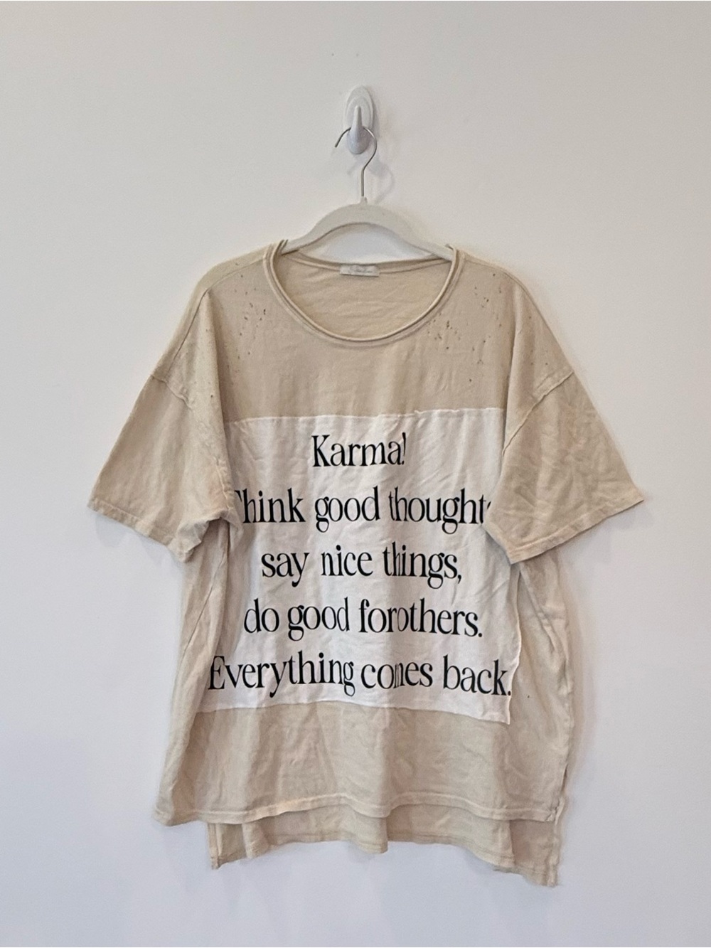 New I Love Linen Karma Distressed Oversized Patch Tee Medium $64